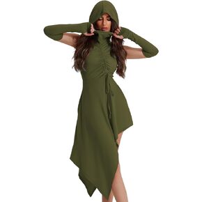 Luojida Gothic Clothes for Women Asymmetrical with Hoodie Gloves Dresses Vintage Medieval Steampunk Halloween Costume Cosplay