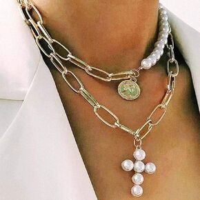 Boho Pearl Cross Necklace Gold Layered Choker Necklaces Coin Pendant Chain Necklace for Women