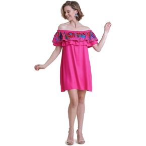 Women's Embroidered Ruffled Off The Shoulder Dress, Fuchsia