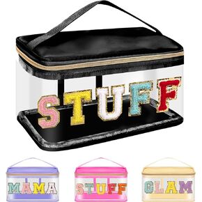 Iqimott Preppy Clear Makeup Cosmetic Bag for Women Travel, Nylon PVC Chenille Glitter Letter Toiletry Storage Tote Bag, Transparent Waterproof Organizer Zipper Pouch with Handle(Hair, Green)