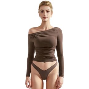 SUUKSESS Women Off Shoulder Long Sleeve Shirts Double Lined Fitted Crop Tops