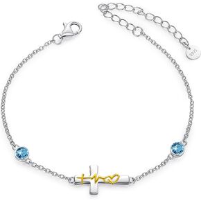 AOBOCO 925 Sterling Silver Faith Hope Love Cross Bracelets with 12 Birthstones Birthday Christian Jewelry for Women
