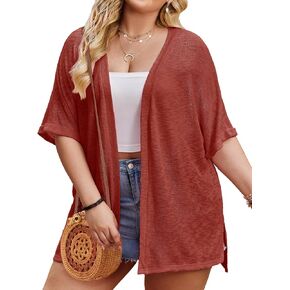 IN'VOLAND Womens Plus Size Lightweight Cardigan Open Front Short Sleeve Casual Loose Fit Beach Cover Up