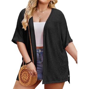 IN'VOLAND Womens Plus Size Lightweight Cardigan Open Front Short Sleeve Casual Loose Fit Beach Cover Up