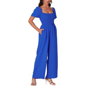 LYANER Women's Summer Smocked Jumpsuits Square Neck Shirred Short Sleeve Casual High Waist Wide Leg Long Romper