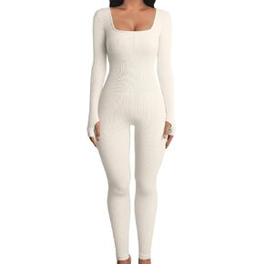 GTETKDE Jumpsuits for Women Yoga Workout Ribbed Long Sleeve Leggings Romper Square Neck Sport Bodycon Jumpsuits in Kuwait