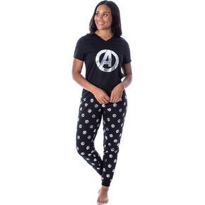 Marvel Women's Avengers Silver Foil Logo 2 Piece Shirt And Pants Jogger Style Sleep Pajama Set