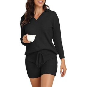 iChunhua Women's Fuzzy Long Sleeve Knit Top and Shorts Sweater Outfits Sets Nightwear Lounge Pajama Set with Drawstring