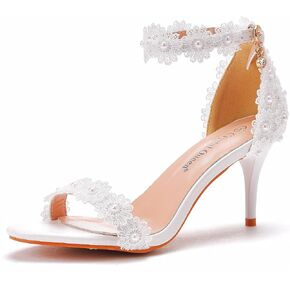 Crystal Queen Women White lace Ankle Strap High Heel Sandals Stiletto Heels Peep Toe Sandals Pump Shoes for Bride Wedding Party Evening