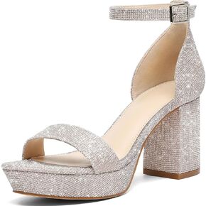 Putu Women's Rhinestone Heeled Sandals Glitter Chunky Heeled Sandals Open Toe Dressy Sandals for Wedding,Prom,Event