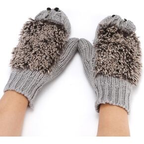 YMMMY ROSE Women Gloves Cat Hedgehog Gloves Knitted Thick Mittens Winter Warm Gloves Fingerless Ribbed Cuff Mitten Christmas