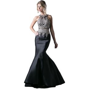 Meier Women's Embroidery Halter Stretchy Taffeta Mermaid Prom Dress