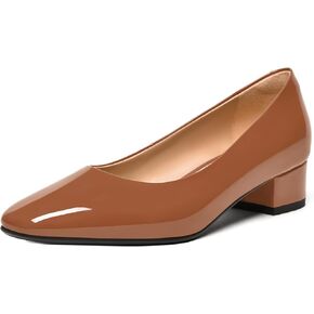 FEMSTEP Womens Casual Patent Leather Office Square Toe Slip On Chunky Low Heel Pumps Shoes 1.5 Inch