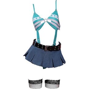 Women Anime Cosplay Bikini Style Lingerie High Cut Out Bodysuit and Mini Skirt Set with Belt Stockings