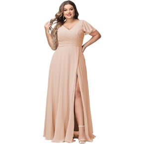 Stylefun Plus Size V-Neck Long Bridesmaid Dresses with Slit Chiffon Short Sleeve Formal Party Dress CYM120