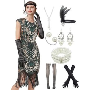 Women's 1920s Cap Sleeve Great Gatsby Sequin Art Deco Flapper Fringed Cocktail Dress w/Accessories Set