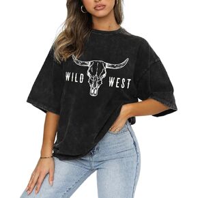 Women Wild West T-Shirt Western Boho Cow Skull Graphic Bleached Tee Vintage Rodeo Cowgirl Shirt Oversized Casual Top