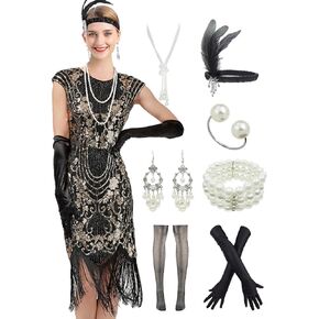 Women's 1920s Cap Sleeve Great Gatsby Sequin Art Deco Flapper Fringed Cocktail Dress w/Accessories Set