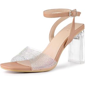 Allegra K Women's Clear Heels Rhinestone Ankle Strap Square Toe Sandals
