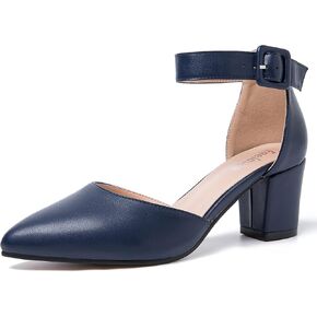 Enelauge Women's Pointed Toe Pumps Ankle Strap Buckle Chunky Block Heel D'Orsay Sandals Wedding Dress Shoes