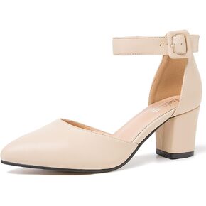 Enelauge Women's Pointed Toe Pumps Ankle Strap Buckle Chunky Block Heel D'Orsay Sandals Wedding Dress Shoes