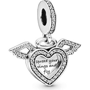 Pandora Heart and Angel Wings Dangle Charm - Compatible Moments Bracelets - Jewelry for Women - Gift for Women in Your Life - Made with Sterling Silver & Cubic Zirconia, With Gift Box