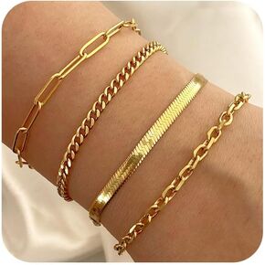 Sanfenly Gold Bracelets for Women, 14K Real Gold Plated Bracelets for Women Dainty Gold Bracelets Waterproof Chain Stackable Bracelets Cuban Link Paperclip Gold Bracelet Stack Jewelry for Women
