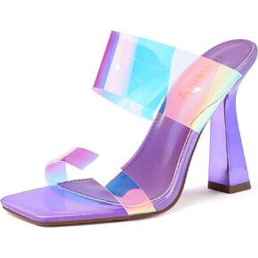vivianly Womens Two Strap Block Heeled Sandals Slip On Square Open Toe Backless Transparent Heels