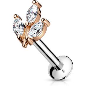 Dynamique 3 Marquise CZ Prong Set Threadless Top 316L Surgical Steel Push in Style Labret, Flat Back Stud (Sold Per Piece)