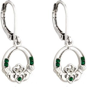 Traditional Irish Claddagh Women's Earrings, Emerald Green Crystal Rhodium Plated Drops, Classic Silver Celtic Jewelry Made in Ireland by Artisan Jewelers in Kuwait