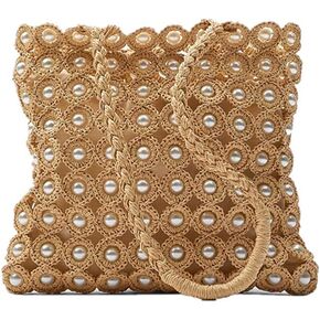 Hand-woven Hollow Out Soft Straw Shoulder Bag with Pearl Flower, Boho Straw Handle Tote Summer Beach Bag Handbag