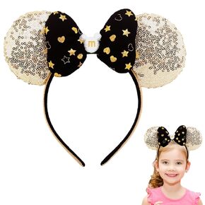 Jing xin Golden Mouse Ears Headbands, 1 PCS Pu Mouse Ears for Women Girls,Glitter Bow Headbands Themed Park Ears Cosplay Accessories
