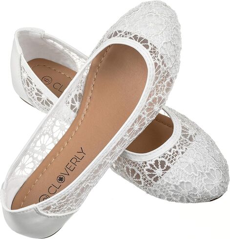 CLOVERLAY Women's Ballet Shoe Floral Breathable Crochet Lace Ballet Flats (10, White) in Saudi Arabia