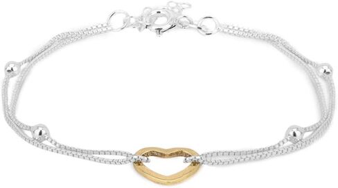 Sterling Silver Jewelry - Gold & Silver Plated with 925 Stamp - Two Tone Heart Bracelet - Elegant Handcrafted with Double Layered Chain for Women - 6.5" long + 1" extender in Kuwait