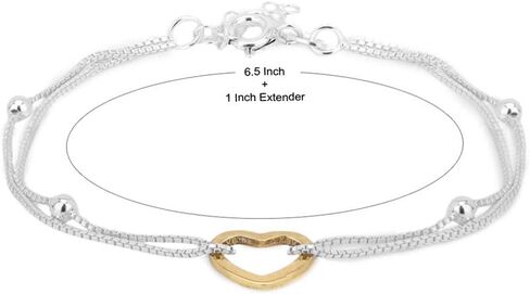 Sterling Silver Jewelry - Gold & Silver Plated with 925 Stamp - Two Tone Heart Bracelet - Elegant Handcrafted with Double Layered Chain for Women - 6.5" long + 1" extender in Kuwait