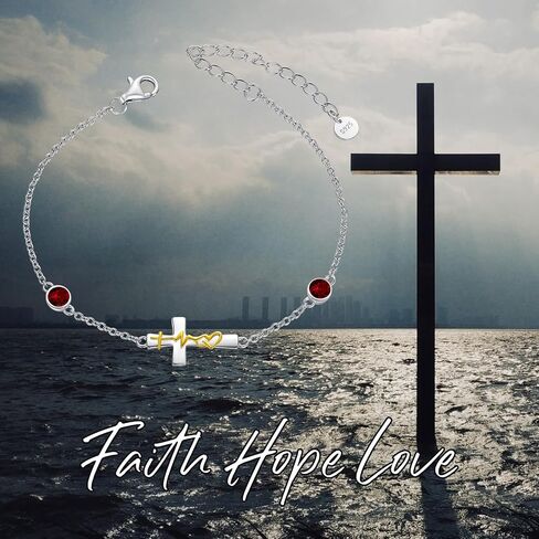 AOBOCO 925 Sterling Silver Faith Hope Love Cross Bracelets with 12 Birthstones Birthday Christian Jewelry for Women in Kuwait