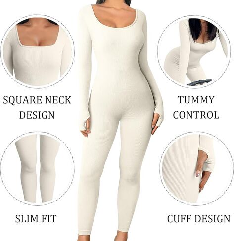 جمبسوت GTETKDE للنساء لتمارين اليوجا وأكمام طويلة مضلعة رومبير برقبة مربعة بدلة رياضية ضيقة in Kuwait