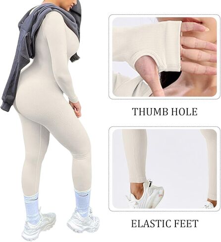 جمبسوت GTETKDE للنساء لتمارين اليوجا وأكمام طويلة مضلعة رومبير برقبة مربعة بدلة رياضية ضيقة in Kuwait