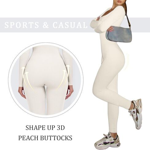 جمبسوت GTETKDE للنساء لتمارين اليوجا وأكمام طويلة مضلعة رومبير برقبة مربعة بدلة رياضية ضيقة in Kuwait