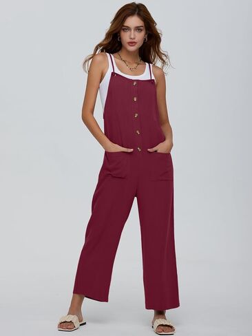 عميق الذاتي النساء وزرة السببية فضفاضة الصيف حللا أكمام السباغيتي الأشرطة زر أسفل مريلة السراويل مع جيوب in Kuwait