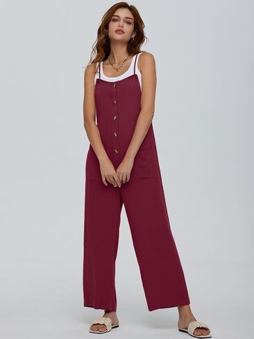 عميق الذاتي النساء وزرة السببية فضفاضة الصيف حللا أكمام السباغيتي الأشرطة زر أسفل مريلة السراويل مع جيوب in Kuwait