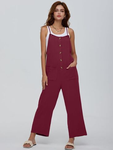 عميق الذاتي النساء وزرة السببية فضفاضة الصيف حللا أكمام السباغيتي الأشرطة زر أسفل مريلة السراويل مع جيوب in Kuwait