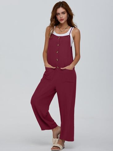 عميق الذاتي النساء وزرة السببية فضفاضة الصيف حللا أكمام السباغيتي الأشرطة زر أسفل مريلة السراويل مع جيوب in Kuwait