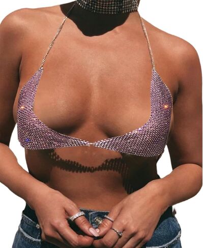 ANKOMNIA Women's Sparkly Rhinestone Halter Bra Tops Sexy Bikini Crop Tops Dance Party Club Rave Costume in Saudi Arabia