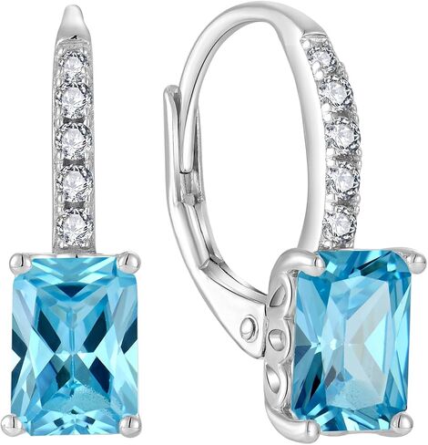 FJ Silver Birthstone Earrings for Women, Sparkling Sparkling Princess Cut Square Crystal Leverback Earrings in Kuwait