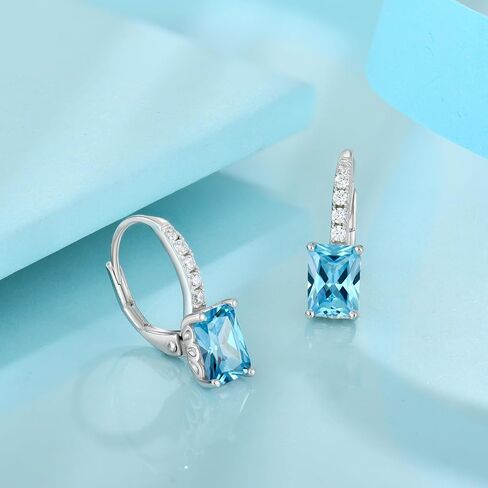 FJ Silver Birthstone Earrings for Women, Sparkling Sparkling Princess Cut Square Crystal Leverback Earrings in Kuwait