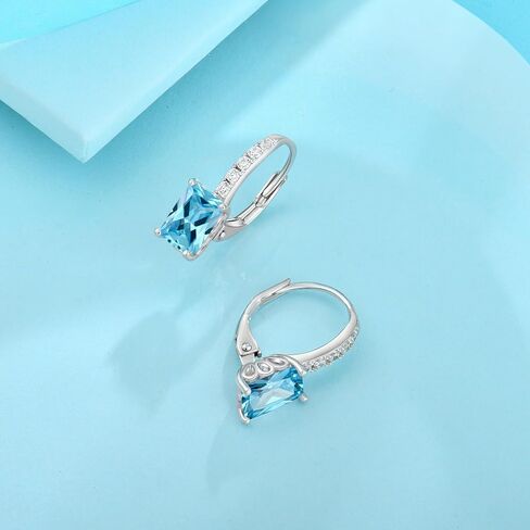 FJ Silver Birthstone Earrings for Women, Sparkling Sparkling Princess Cut Square Crystal Leverback Earrings in Kuwait