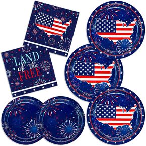 Independence Day American Party Supplies, Patriotic Fireworks Disposable Napkins and Paper Plates for Fourth of July Election Day Independence Day July 4th Decorations, Serve 50