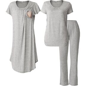 SUNNYBUY Women 3 PCS Maternity Nursing Nightgown Dress & Short Sleeve Breastfeeding Top & Pregnancy Pants Sleepwear Set