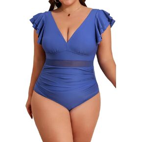 B2prity Women Plus Size One Piece Swimsuit V Neck Mesh Tummy Control Bathing Suit Full Coverage Ruffle Swimwear